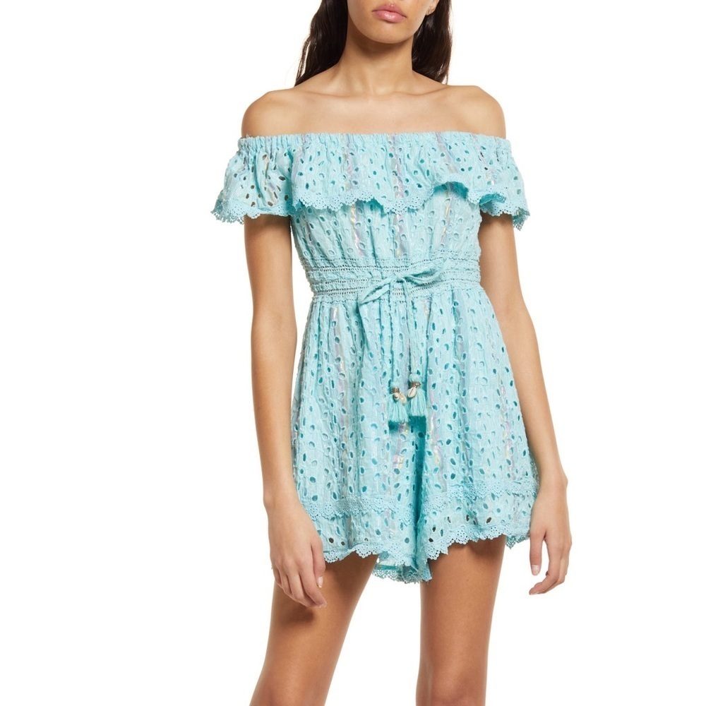 BAROK PARIS Eyelet Ruffle Off The Shoulder Romper In Aqua shiny elastic waist M